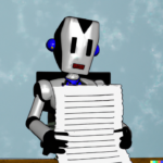 A DALL-E generated robot lawyer who is reading a long and boring contract, and taking copious notes